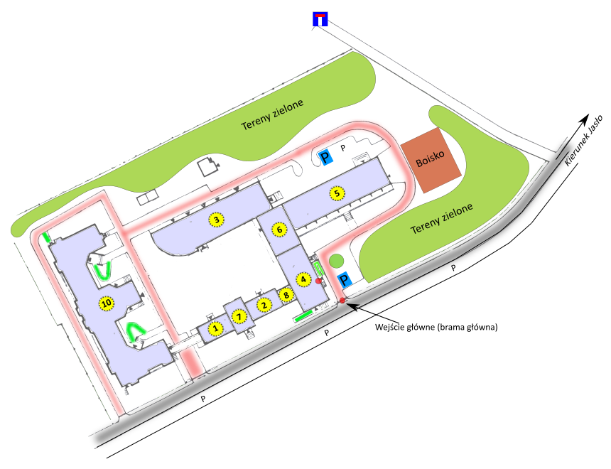 Obraz przedstawia plan budynków i dróg komunikacyjnych w DPS Folusz